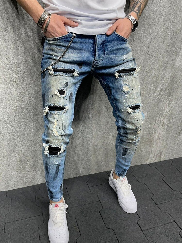 Heren Skinny Ripped Jeans Grid Bedelaar Patches Slim Fit Stretch Casual Denim Potlood Broek Schilderen Jogging Broek
