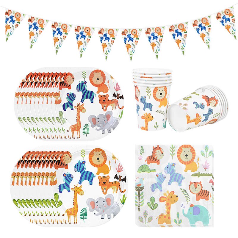 Vajilla desechable de animales de la selva, decoración para de cumpleaños, Safari, Zoo, león, elefante, suministros para Baby Shower