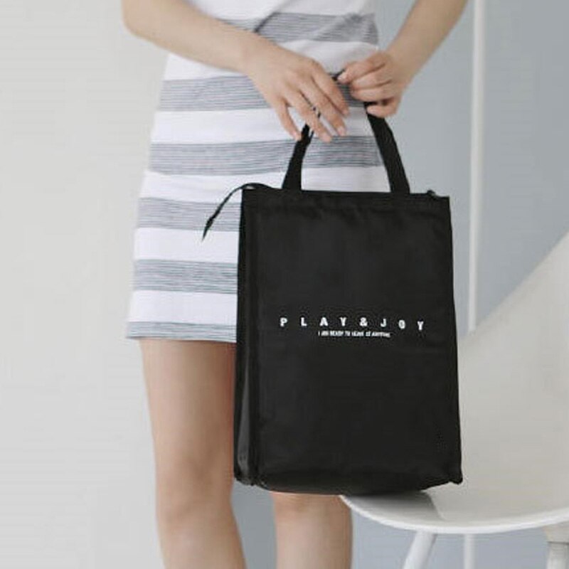 Simple Striped Daily Picnic Picnic Bag Portable Insulation Lunch Bag Hand Bag Black