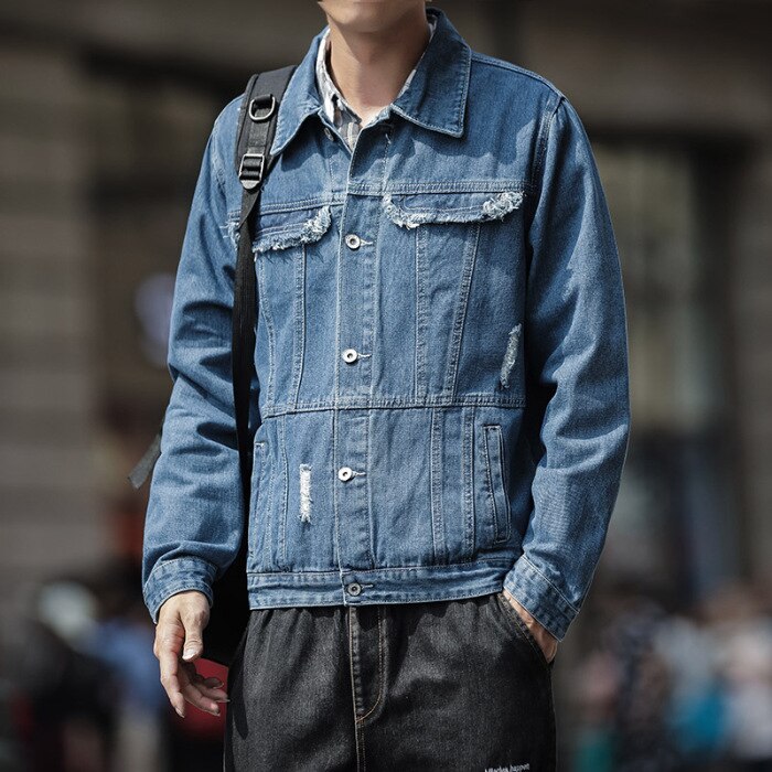 Mannen Met Gaten Denim Jas Jeugd Lente Seizoen Trend Knappe Veelzijdige Casual Loose-Fit Denim Jas