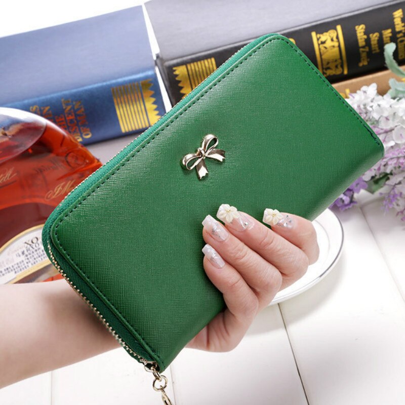 Portefeuilles à longue pochette pour femmes, en cuir PU, sac pour pièces de monnaie avec nœud papillon, porte-cartes, célèbre de styliste,: Green
