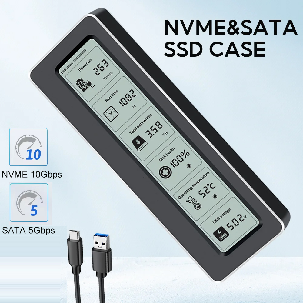 M.2 NVME/NGFF Dual Protocol SSD Enclosure with Display Screen USB Type C SSD Adapter for NVME PCIE NGFF SATA SSD Disk Box