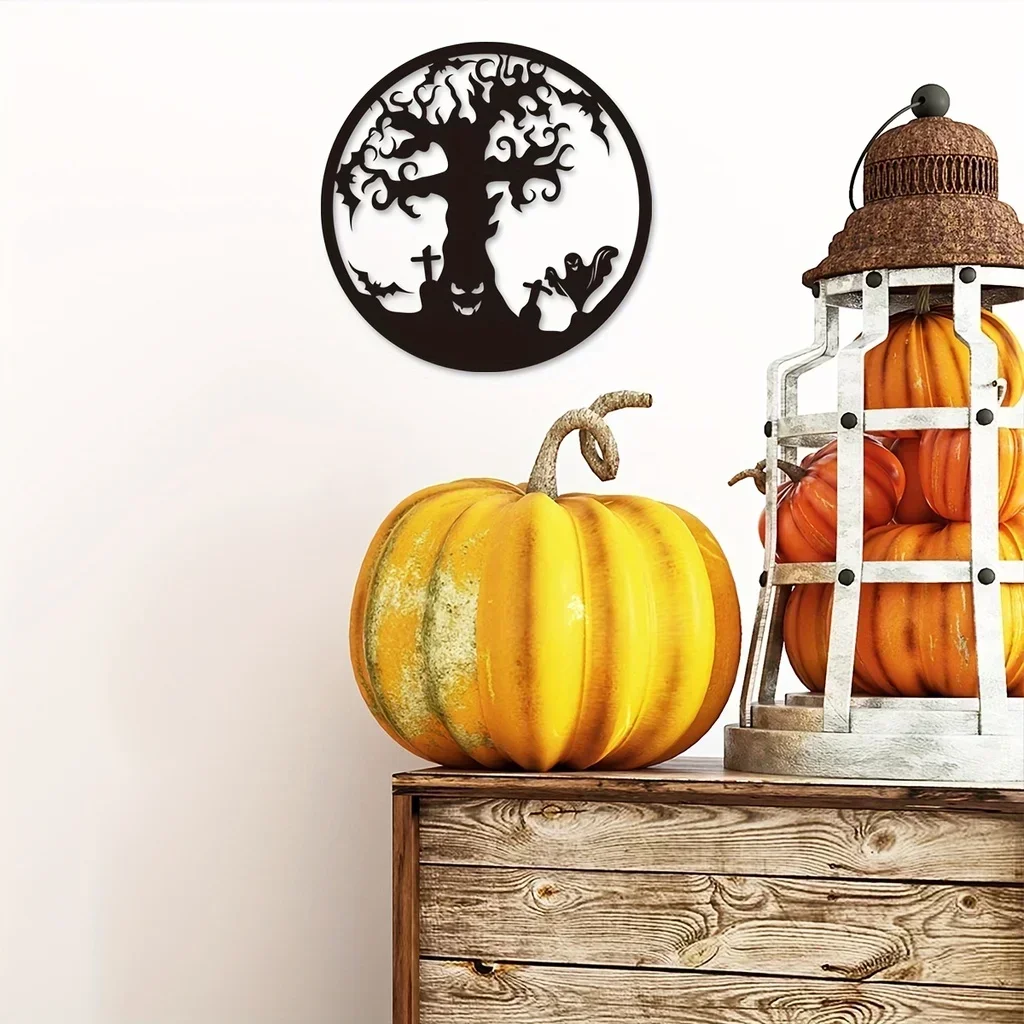 Eerie Metal Halloween Tree Wall Hanging Decor: Mysterious Black Iron Artwork for Home and Living Room Decoration