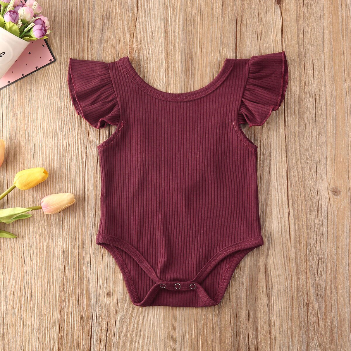 0-24M Newborn Infant Baby Girls Boys Bodysuits Solid Ruffles Short Sleeve Backless Jumpsuits 2 Colors