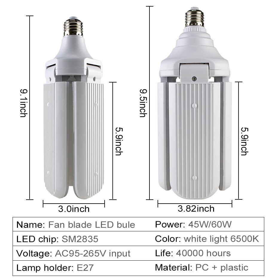 Førte highbay deformerbar garagelys 60w e27 85-265v 6000lm loftlampe til garage / loftsrum / kælder / hjem ledet minelampe  a1