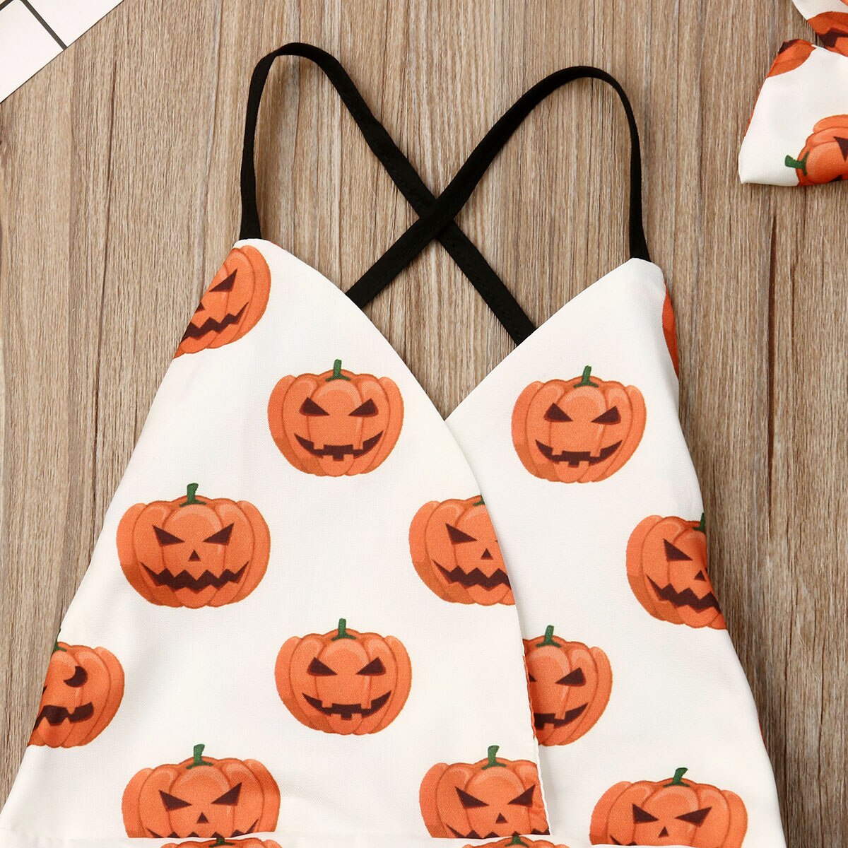 Halloween Newborn Infant Kids Baby Girls Boys Bodysuits Sleeveless Pumpkin Print Backless Belt Jumpsuits Headband 2pcs