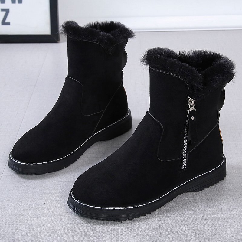 Femmes neige bottes fausse fourrure couture dames chaussures épais fond fermeture éclair Plus velours femme court hiver: Black1 / 5