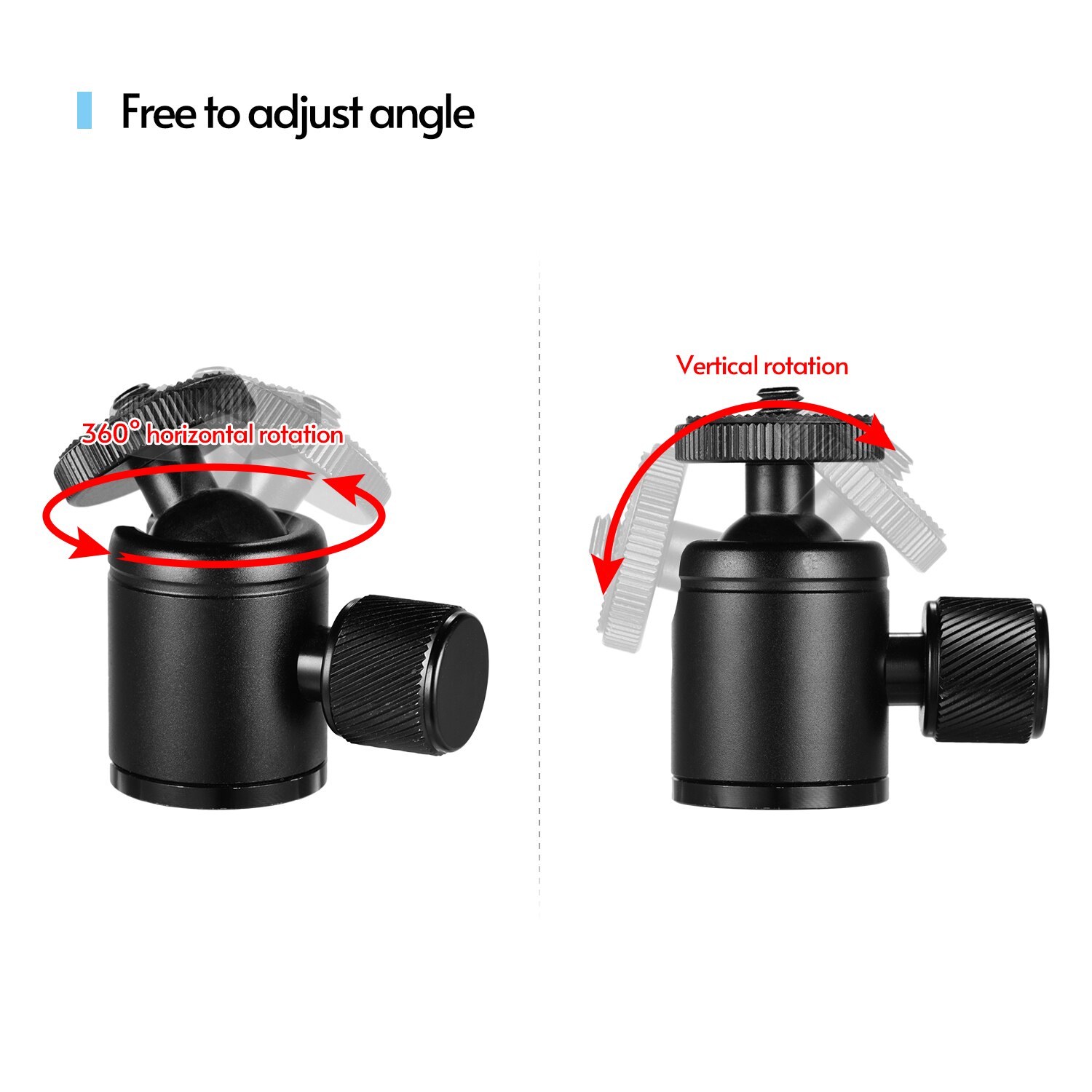 Mini Metal Tripod Head Adapter Ball Head Aluminum Alloy with 1/4 Inch Screw for Mobile Phone Camera LED Light Tripod Black