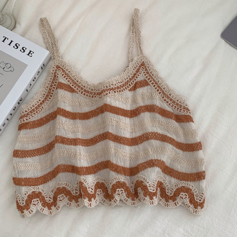 Camisola Vintage de lino y algodón para mujer, Top corto con tirantes finos y bordado de corazón a rayas, chaleco de ganchillo para playa