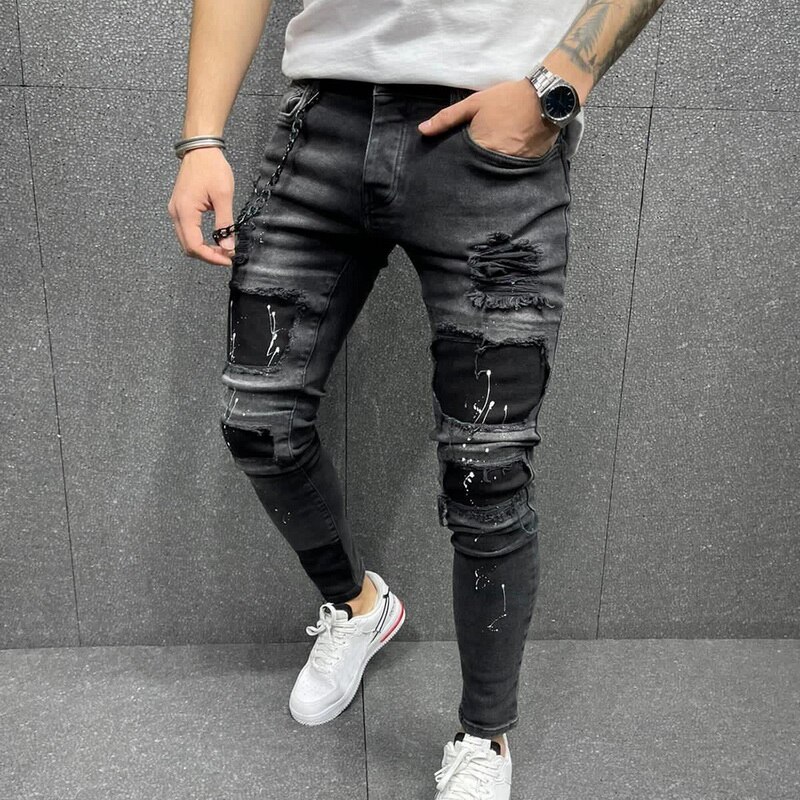 Biker Jeans Men's Distressed Stretch Ripped Biker Jeans Men Hip Hop Slim Fit Holes Punk Denim Jeans Cotton Pants Zipper jeans