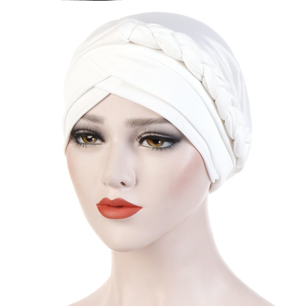 Vrouwen Dames Moslim Haaruitval Stretch Tulband Caps Kanker Chemo Hoed Effen Kleur Braid Head Sjaal Beanie Bonnet: White