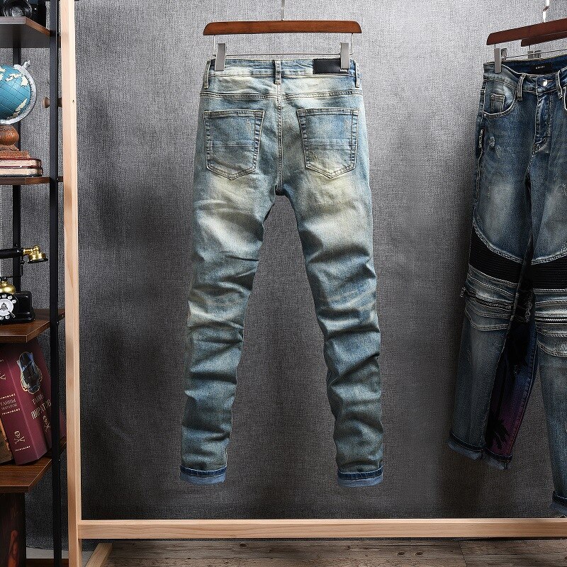 High Street Amiri Elastische Slim Fit Kleine Been Jeans Modieuze Mannen Gedragen Zware Schade Patch Beggars' Broek