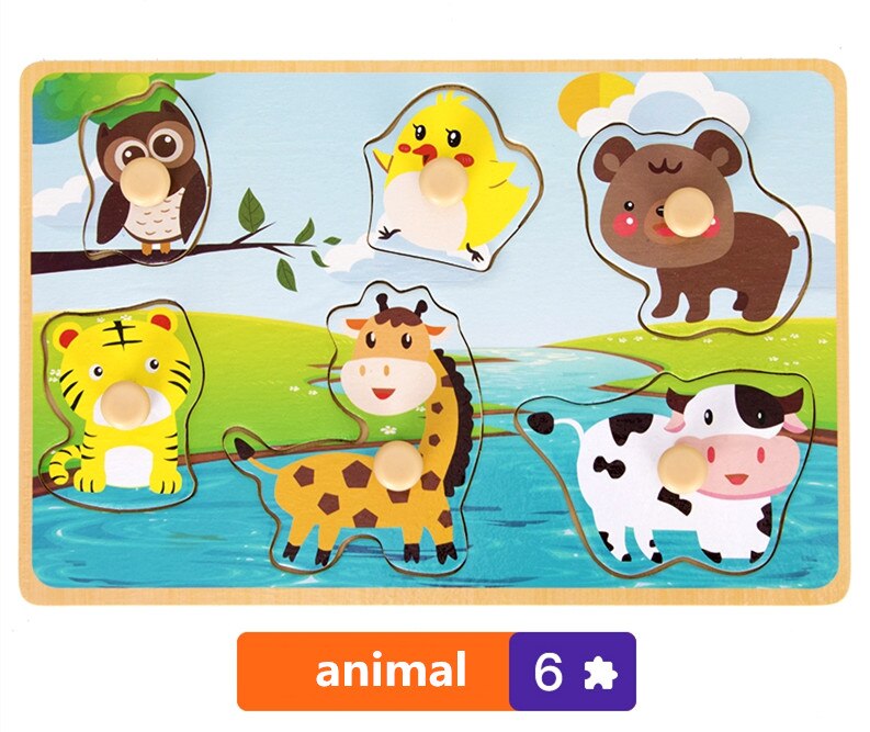 Houten puzzelspeelgoed voor baby's met een handgreep, een houten puzzel met een handvat, een dieren- en fruitvoertuig, een puzzel voor kinderen.