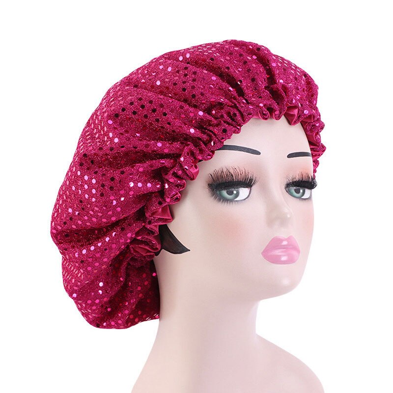 Grand Bonnet en Satin doublé pour femmes, grande taille, paillettes, soie, pour dormir la nuit, couvre-tête,: wine red