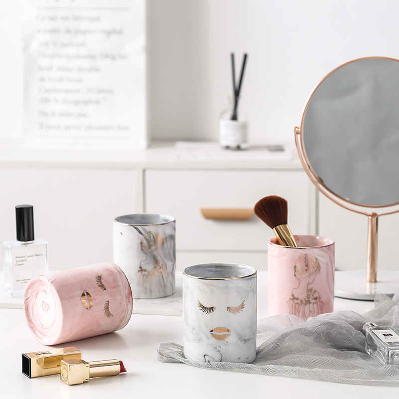 1pc Ceramic Pen Holder Marble Texture Pencil Cup Pot Desk Organizer Makeup Brush Holder SMD66