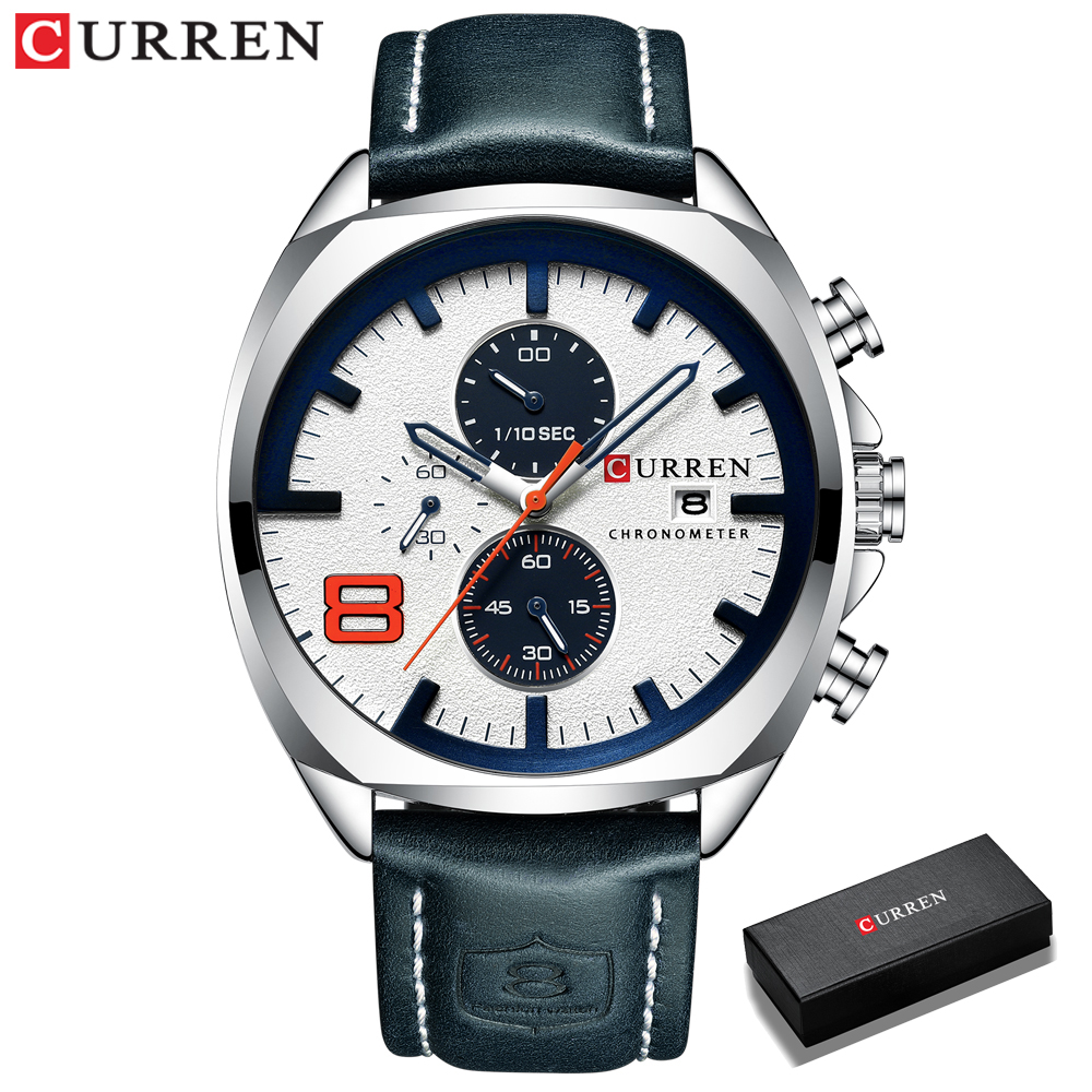 Curren Mannen Kijken Topmerk Luxe Chronograaf Horloges Lederen Waterdichte Sport Kalender Horloge Relogio Masculino: silver white box