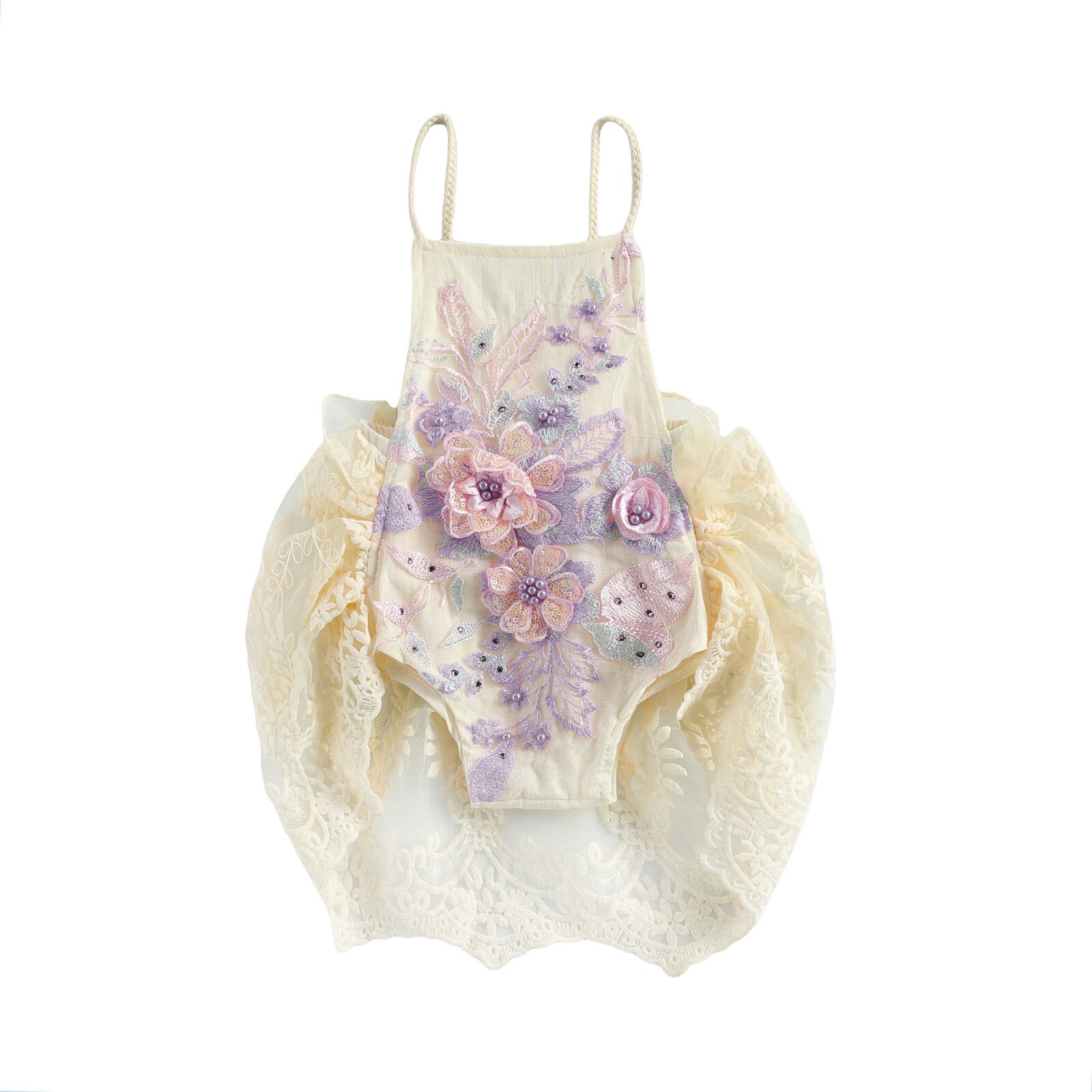0-24m Baby-mädchen-jungen-strampler, einteilig, mit blumenmuster, spitze, perlenprint, ärmellos, rüschen: Lila / 6m