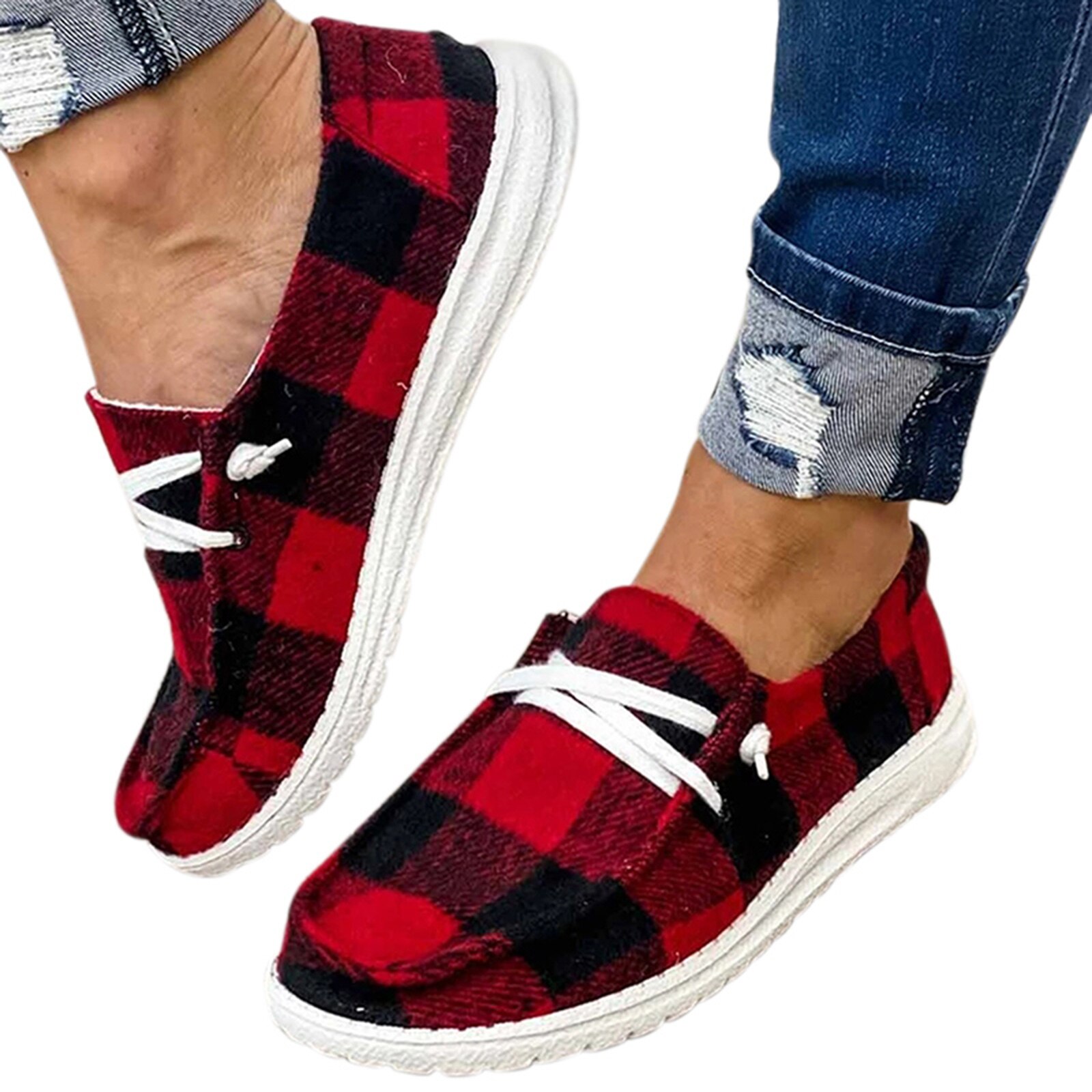 Buffalo Plaid Slip On Shoes Flat Sole Lace up Casual Canvas Shoes for Women Christmas FS99: 37