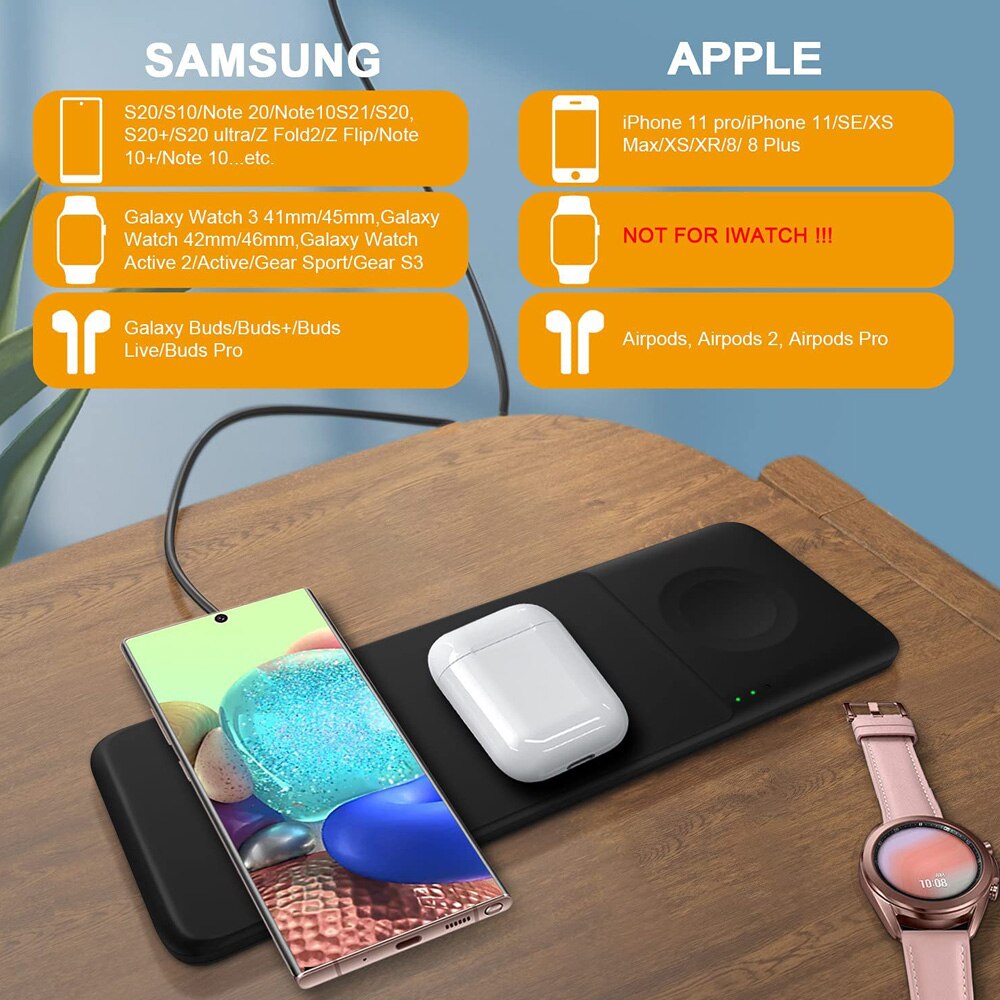 3 in- in-1 kabelloses ladegerät-trio für samsung galaxy  s21, 20- in-10 smartwatch,  qc3.0 adapter, schnellladefunktion, kabelloses ladegerät mit led-beleuchtung