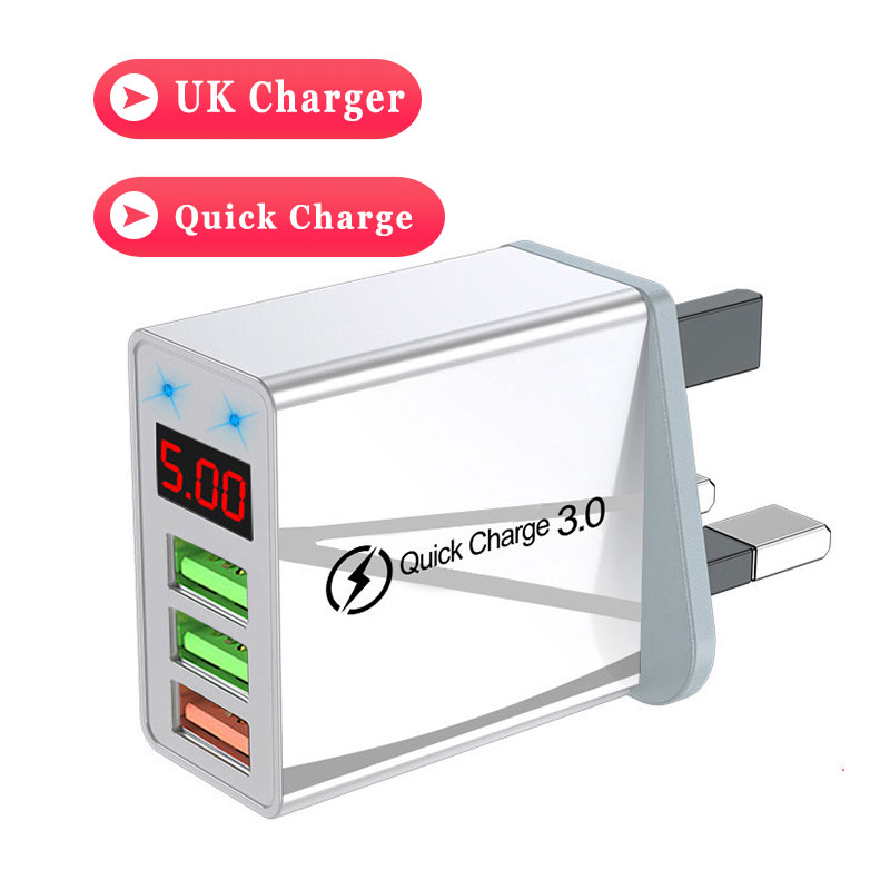Elough 3 porty USB szybka ładowarka 30W 5V/3A LED cyfrowy wyświetlacz telefon komórkowy szybka ładowarka ładowarki do telefonów komórkowych uniwersalna ładowarka do iPhone Xiaomi Poco x3 ładowarka ścienna: QC UK White