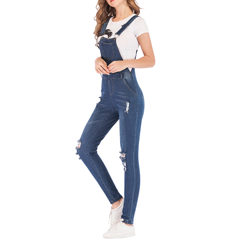 Dame blå denim overalls jumpsuit rompers bæltehul hul lomme til kvinder afslappede kvindelige bukser: Blå / Xl