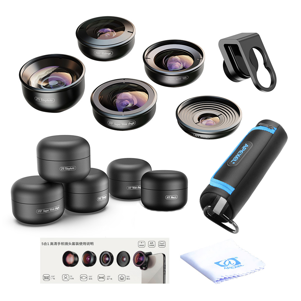 APEXEL 5in1 HD Handy Objektiv Set-2X Teleobjektiv 195 ° Fisheye 110 ° Weitwinkel 170 ° super Weitwinkel für Smartphones