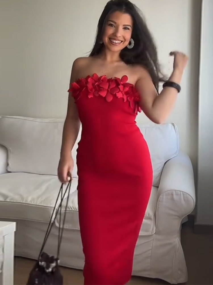 Strapless 3D Bloem Vrouwen Jurk Off Schouder Sexy Backless Slim Fit Satijn Effen Kleur Jurk Gewaden Elegante Wrap Hip Lange Jurken