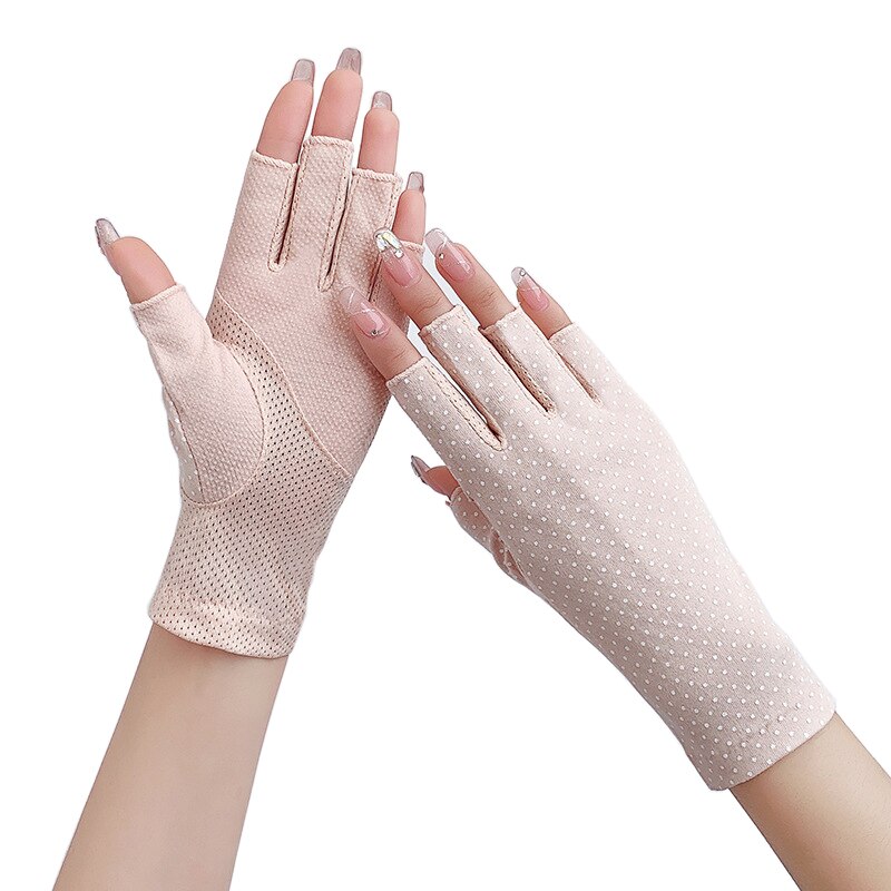 Guantes finos de algodón sin dedos para mujer, antideslizantes, transpirables, protectores solares, elásticos, de medio dedo para conducir, Verano: baby pink