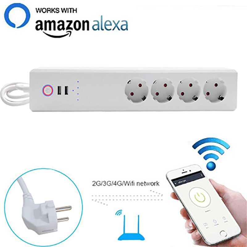 Wifi smart strømskinne 4 eu stikkontakter med 4 usb-bærer elektrisk stikkontakt 1.5m utvidelse app stemmekontroll med alexa google hjem
