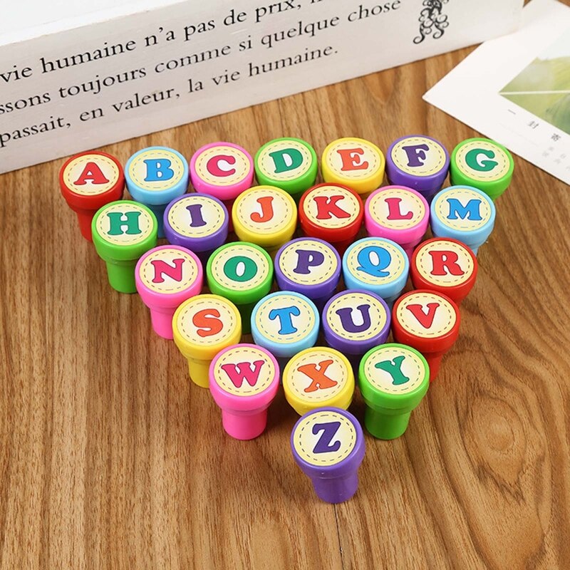 26 Pcs Alphabets Letters Round Stamp Seal Self Inking Scrapbooking Plate Ink Pads Stamper for Children Toys