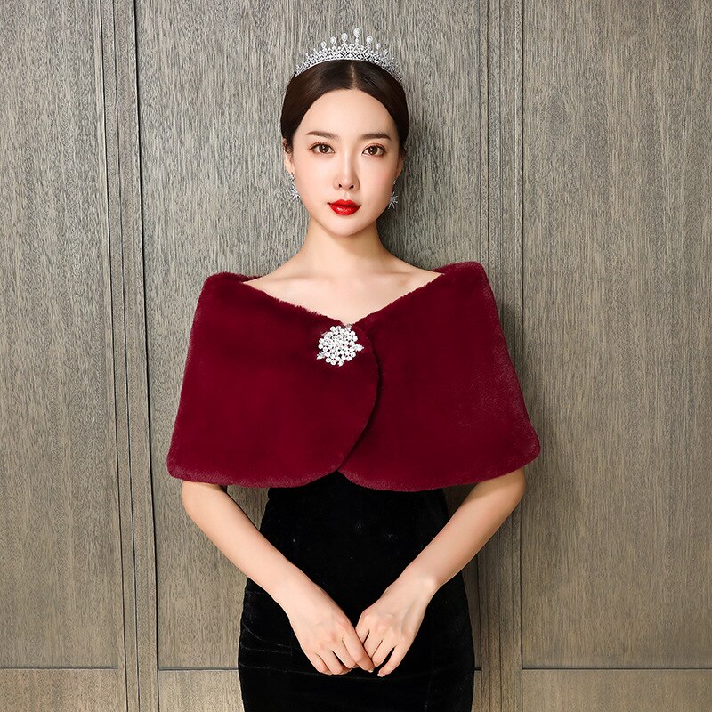 Colorful Women Wedding Jackets White Red Faux Fur Bolero Bridal Shawl Wraps Shrug Winter Evening Party Coat: Red wine