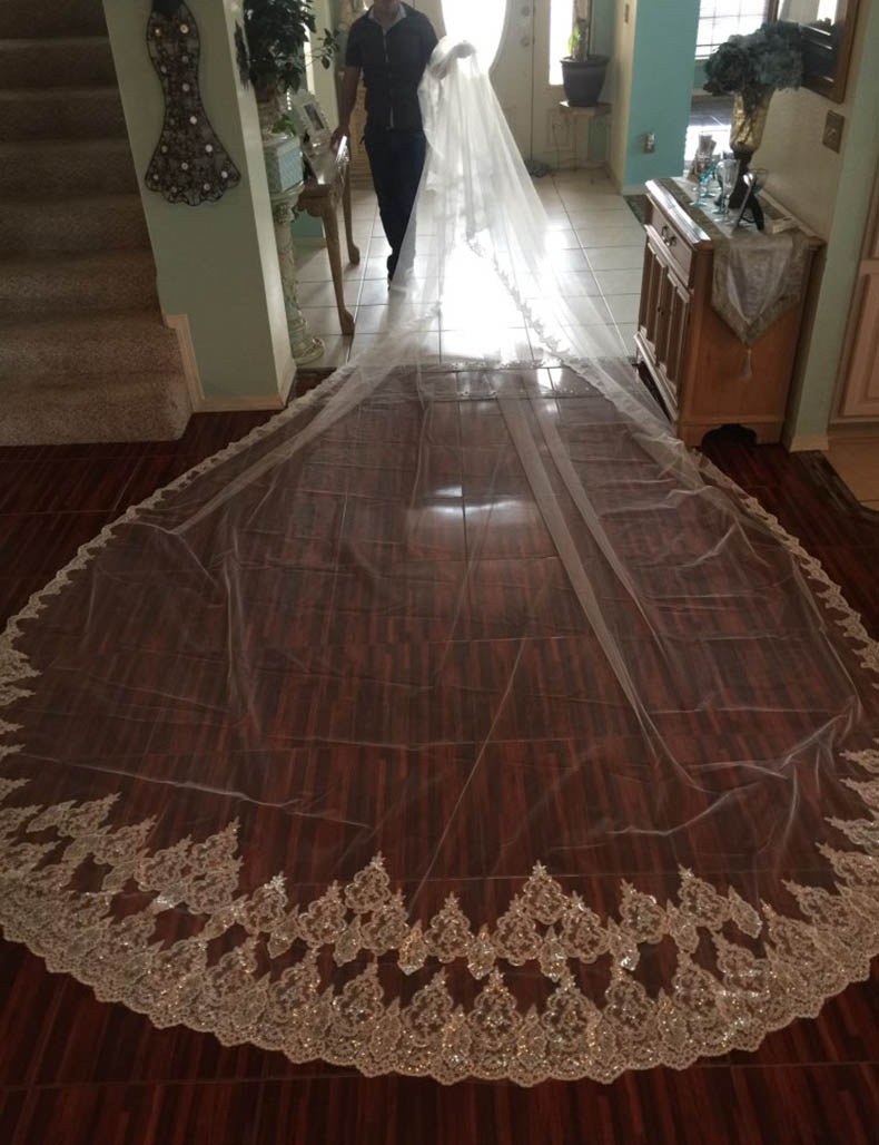 Velo de novia de lujo de 2 capas, velo de novia de con borde de encaje de lentejuelas brillantes, 5 metros, 5 M de largo