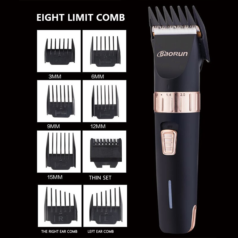 Baorun Rechargeable Men Hair Clippers Adjustable Cutting Blade Hair Trimmer Haircut Grooming Hair Cutting Tool with 8 Combs