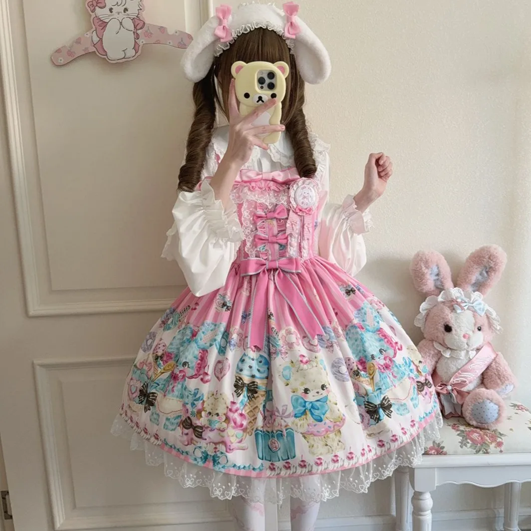 Original Japanese Lolita Suspender Dress Jsk Summer Female Sweet Cute Bow Bear Print Princess Tea Party Dress Loli Lo Dress