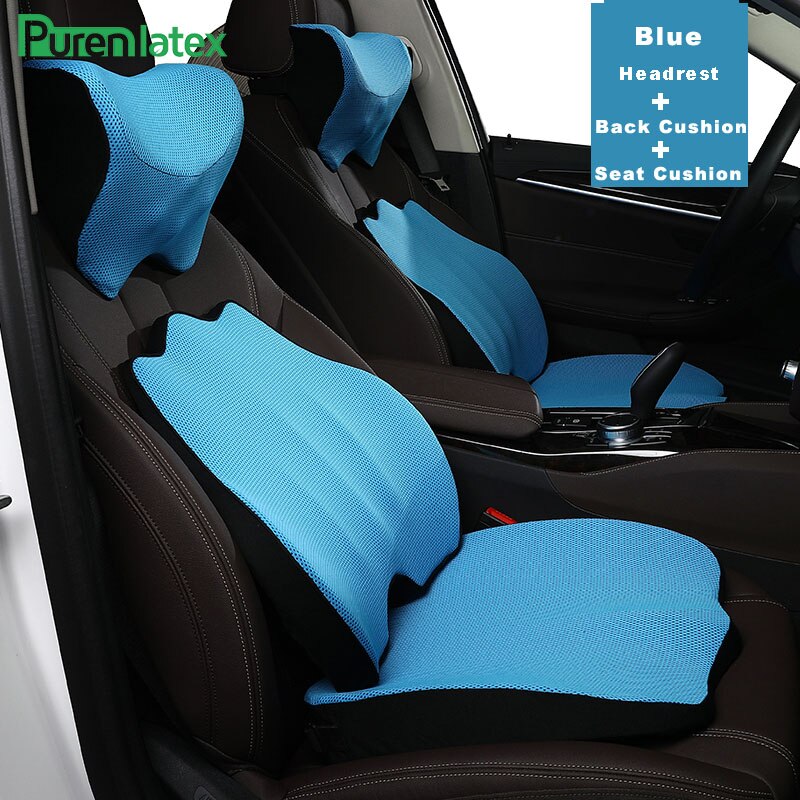 Purenlatex memory foam hovedpude sæde rygpude beskytter nakke cervikal halebenet pude til iskias og rygsmerter: Blå 3 sæt sæt