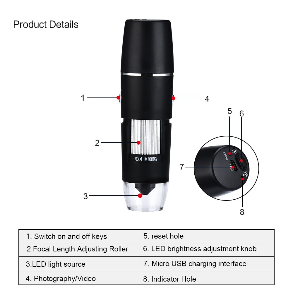WIFI Digitale 1000x Mikroskop Lupe Kamera für Android ios iPhone iPad 8LED Lupe WIFI Erkennung Kamera