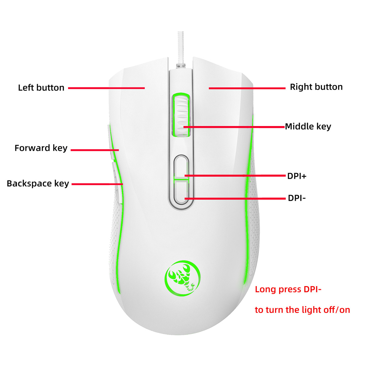 HXSJ colorful luminous gaming mouse e-sports wired mouse dpi four levels adjustable 3200dpi
