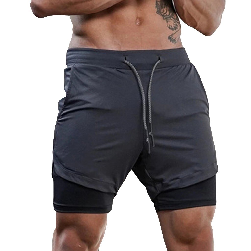 Zomer Sportbroek Mannen 2 In 1 Sneldrogende Zakken Binnen Training Quick Dry Running Sport Korte Broek Jogging Fitness shorts: GY / L