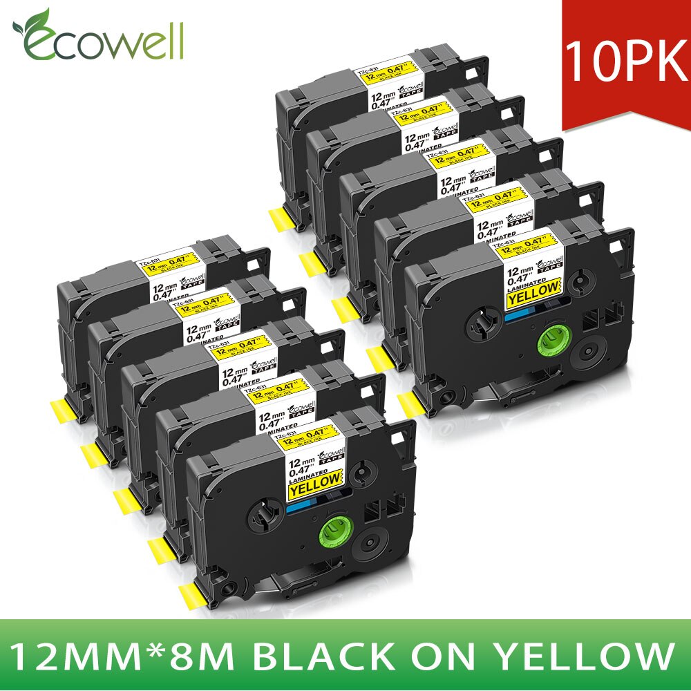 Ecowell 12mm Black on White TZe-231 TZe 231 Label Tapes Compatible for Brother p touch PT200 1000 D210 H110 E110 Label Printer: 10PK Black on Yellow