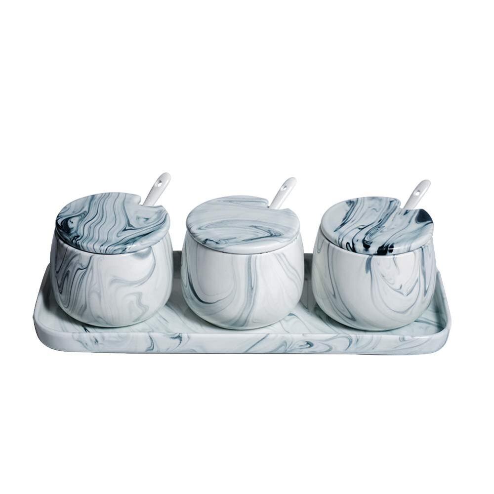 Sugar Bowl, Ceramic Black White Marble Sugar Bowl with Lid and Spoon for Home and Kitchen: Black x4