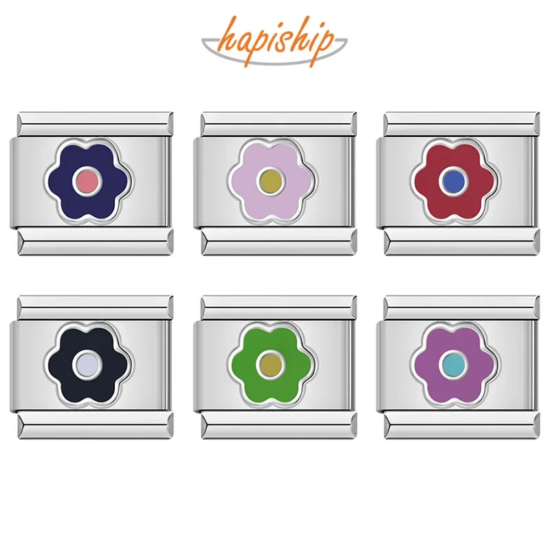 Hapiship DIY Pretty Colors Flower Italian Charm Links Fit 9mm Bracelet Stainless Steel Jewelry Making DJ861