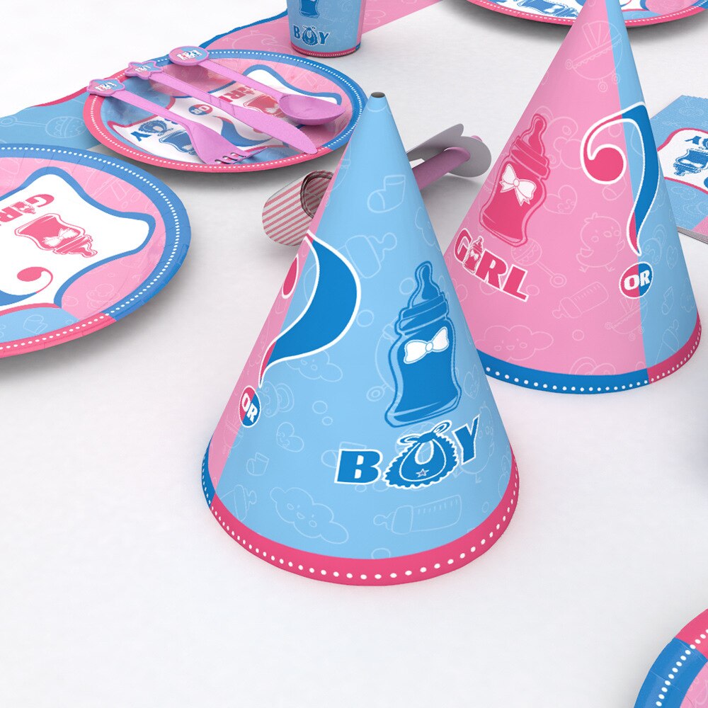 Kön avslöja porslin flicka eller pojke latex ballong banderoll papperstallrik kopp bordsduk servett baby shower födelsedagsfest inredning