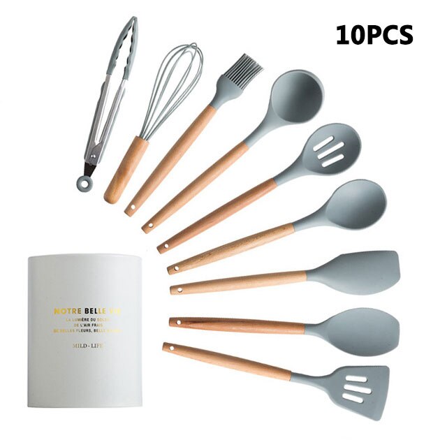 Batterie de cuisine en silicone avec poignée en bois Ensemble de cuisine Ensemble de batterie de cuisine Batterie de cuisine antiadhésive Accessoires de cuisine avec boîte de rangement en acier inoxydable: GRAY-10PCS