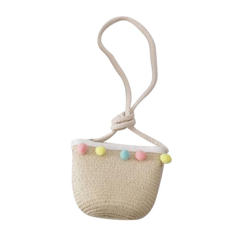 Gorro de paja tejida con ala ancha para niños y niñas, gorro de playa con pompón colorido, cubo flexible, bolso portátil: BB7314BG2