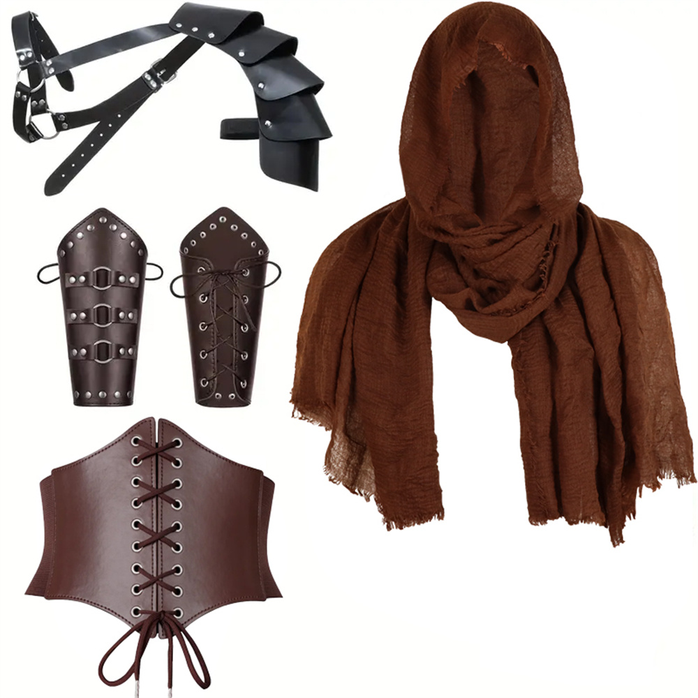 5-teiliges Set mit mittelalterlichen Ritter-Renaissance-Zubehör – modischer Korsett-Gürtel aus PU-Leder, weicher Schal, Umhang, halber Schulterschal: WHITE