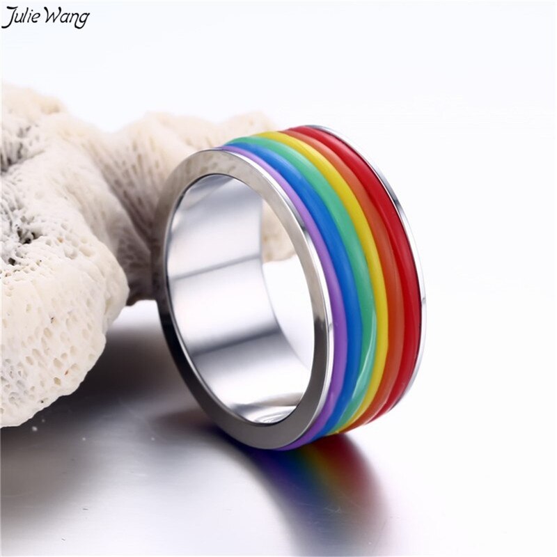 Julie wang 1pc regnbue ring rustfrit stål mænd homoseksuelle ringe lgbt statement smykker tilbehør 6-11us størrelse fine