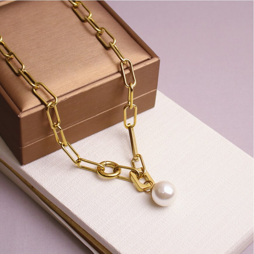 316l stainless steel new elegant jewelry hip hop geometric pearl charms thick chain choker necklaces & pendants for women