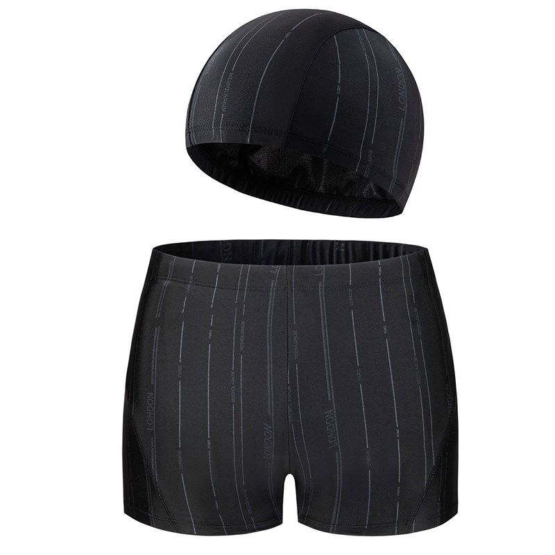 Men Teens Quick Dry 2pcs Set Swimming Trunks Swimming Pool Swimwear Bathing Suit Male Beach Boxer Swimsuit Shorts With Cap/Hat: 4XL / black