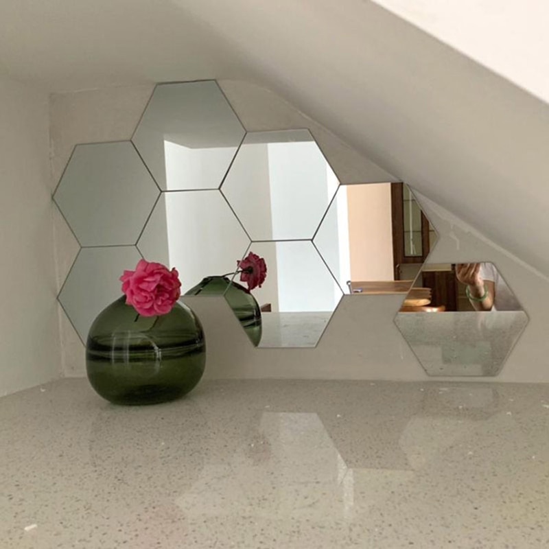 12pcs/set Hexagonal Bathroom Mirror Wall Sticker DIY Removable Decorative Mirror 11UA