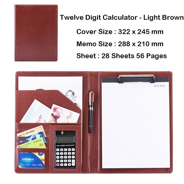 Business Office Folder Multifunctional Office Organizer with Calculator Clip A4 Leather Folder Folder Briefcase Office Supplies: C light brown